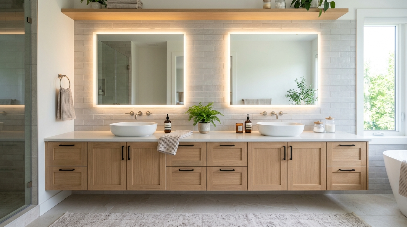 Use a frameless lighted mirror for modern style